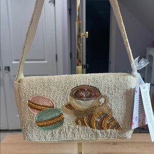 Beaded Cream Bag with Coffee, Pastry, and Macaron Design NWT